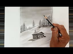 Snowy house Snowy trees Snowy mountain landscape drawing with pencil step by step.