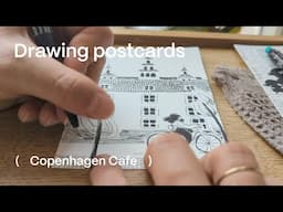 Drawing postcards with ink pen in Copenhagen ♡ Cafe ASMR