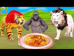 Giant Gorilla Run Away From White Lion, Saber Tooth Tiger Wild Animals Animals Escape