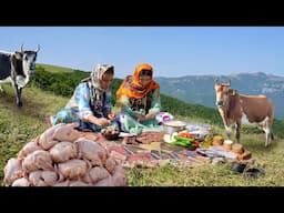 Nomads Outdoor Cooking of Stuffed Chicken and white Rice in Mountains