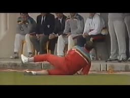 1992 World Cup. Big Eddo Brandes goes slipping and sliding in the outfield. New Zealand vs Zimbabwe