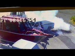 Car crashes into parked boat | Chevy 2500 vs Makaira 800