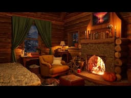 Rustic Log Cabin | Blizzard & Fireplace Sounds For Sleep | 4K