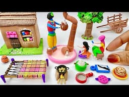 Diy How to make Polymer Clay Miniature House, Kitchen set, Doll Milkman, Tree, Charpai | clay house