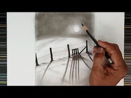 Pencil drawing landscape of a fence on a snowy hill under moonlight at night.