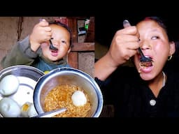 beautiful village life in Nepal || Rita's  steam egg noodles cooking recipe for her son  in village