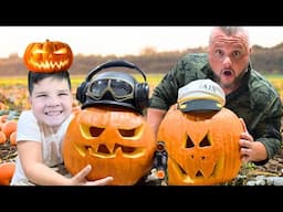 CALEB and DAD Pumpkin CARVING CONTEST! PUMPKIN GUTS & JACK-O-LANTERN PUMPKiNS Halloween Family FUN!