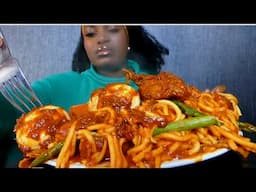 Asmr mukbang delicious spaghetti with some eggs and chicken