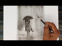 Pencil drawing/ A loving couple cycling in the rainy season.