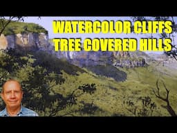 Watercolor cliffs and tree covered hills. Atmospheric landscape tips. Masses of trees in watercolour