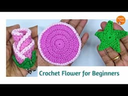 How to Crochet Rose Bud flower Keychain for Beginners | Easy crochet flower keychain - quick gifts