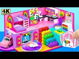 DIY Miniature House 🦄 Build Purple Unicorn House with Bunk Bed, Rainbow Popit Stairs from Cardboard