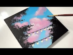 How to paint Clouds & String Lights | Easy Acrylic Painting Idea on Canvas | Easy Painting