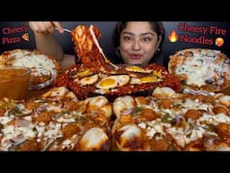 EXTREMELY CHEESY SPICY FIRE NOODLES WITH CHILLI OIL EGGS AND CHEESY MOMO PIZZA WITH CHICKEN PIZZA