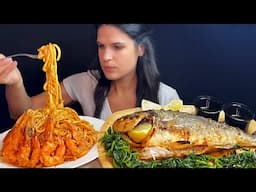 GREEK SHRIMP PASTA & GRILLED FISH | MUKBANG | ASMR | EATING SOUNDS