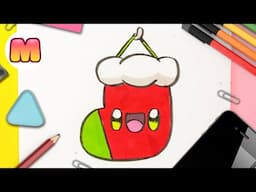 COMO DIBUJAR UN CALCETIN DE NAVIDAD KAWAII - dibujos de navidad faciles - aprender a dibujar