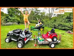 Mowing lawn with kids and real zero turn mower, push lawnmower & weed whacker Educational | Kid Crew