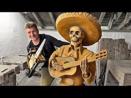 AMAZING CHAINSAW wood carving, Skeleton with Guitar