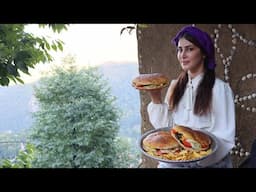 Grandma cooks a big hamburger in the village! Homemade fast food