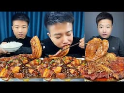 Mukbang Eating |ASMR| Chinese food Red Braised Pork Belly,Rice,enoki mushrooms