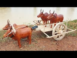 How To Make Cow Bullock Cart From Wood with Four Wooden Cows | Seoul Life