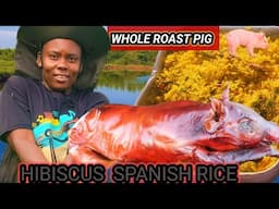 WHOLE ROAST PIG GLAZED WITH LEMON BAR-B-QUE  & BAKE HIBISCUS PUMPKIN SPANISH RICE in RECYCLED OVEN!!