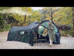 INTERESTING SPACE STATION SHAPED INFLATABLE TENT CAMPING WITH WOODSTOVE IN THE RAIN