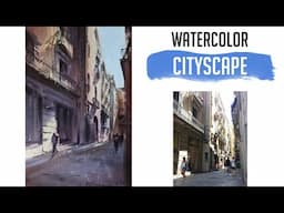 Watercolor cityscape. Narrow street in Barcelona.