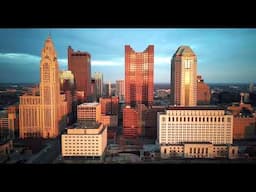 4k Aerial Flyover Columbus, Ohio downtown at Sunset