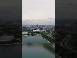 Flying over Lake Michigan toward Museum Campus in Chicago