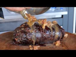 Pesto Stuffed Flank Steak Roast with Bacon Gravy