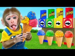 KiKi Monkey discover Four Colors Ice Cream with Four Elements Pringles Machine | KUDO ANIMAL KIKI