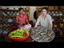 Sreypov Life Show: Blue crabs, Wing beans, Steamed pork with fish paste - Family food cooking