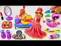 Diy How To Make Polymer Clay Miniature Makeup set, Doll, Lehnga, Shoes, eyeshadow Lipstick | makeup