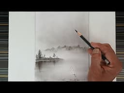 Foggy and Misty waterlake landscape drawing by pencil with easy ways.