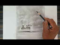 Pencil drawing landscape of a cargo ship approaching the shore.