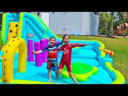 Hailey Pretend Play with Inflatable Princess Toy and Water Slide Obstacle Course!