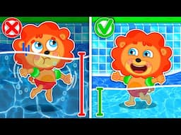 Lion Family | No No Play Safe! - Safety Rules in the Swimming Pool | Cartoon for Kids