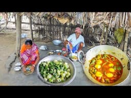 capcicum egg curry and mulo vaji cooking & eating by our santali old couple