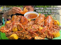 LOBSTER, GIANT TIGER PRAWN, & FEMALE MUD CRAB IN GARLIC BUTTER SAUCE | SEAFOOD MUKBANG