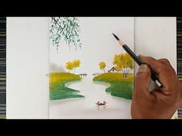 Simple landscape drawing by pencil and pastels colour.