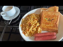 PROPER BALANCED DIET BREAKFAST | TOASTED BREAD WITH SCRAMBLED EGGS, SAUSAGE AND MILKY TEA