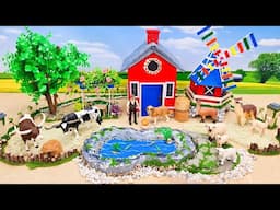 DIY making Small Barnyard Farm with Fish Pond & Colorful Windmill - Cattle Farm - Red Barn Farm