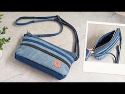 DIY Small Stripe Denim Patchwork Crossbody Bag Out of Old Jeans Fabric Remnants | Bag Tutorial