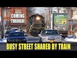 Coming Through! Busy Street Shared by Train - ALCO Switcher Street Running Action!