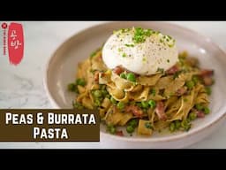 Burrata Pasta Recipe: Tagliatelle with Peas & Burrata, Bacon, Chanterelle, Mascarpone!