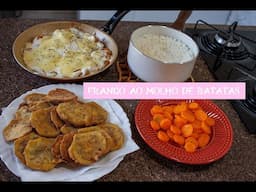 Frango ao molho de batatas, berinjela empanada e mais