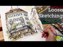 Sketching a street scene in Zurich with ink and watercolor| Balance is the key